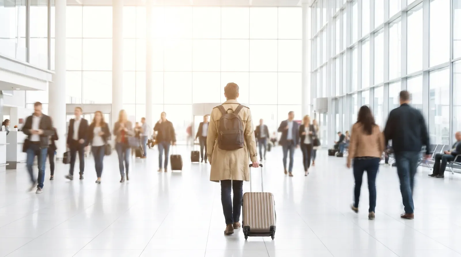 A traveller with a suitcase walking through a bright airport terminal