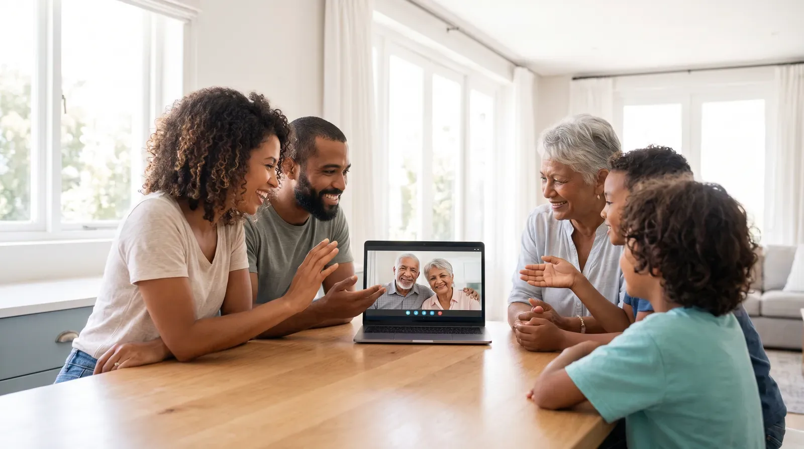 A family at home talking to relatives on a laptop video call