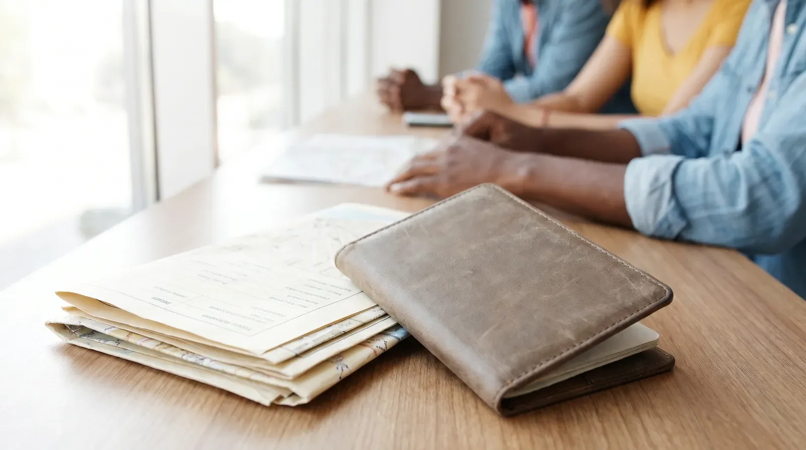 A passport resting on a desk beside folded travel documents