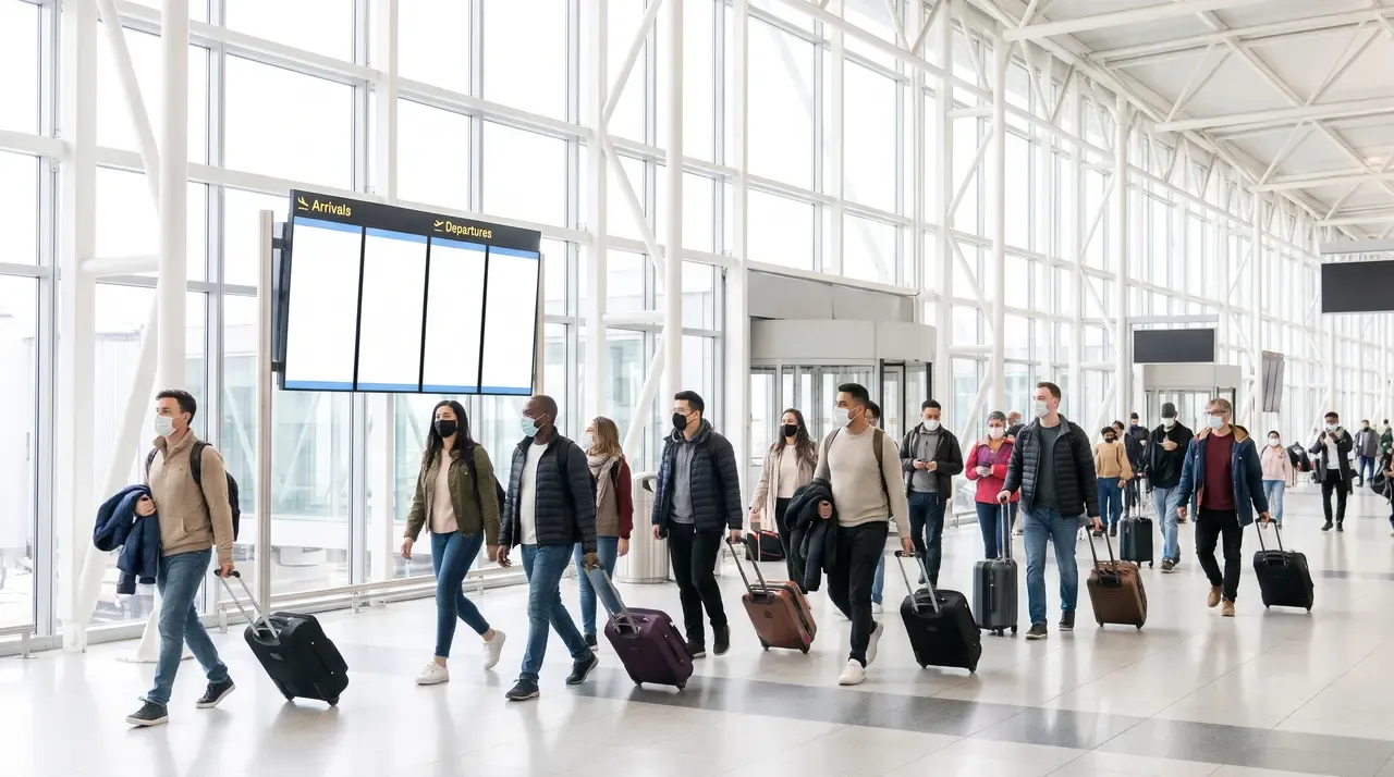 Time lapse of travellers passing an airport departures board